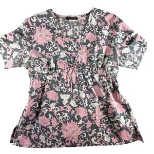 Los Angeles Rose Floral Top Women's XL Pink Gray White Short Sleeve